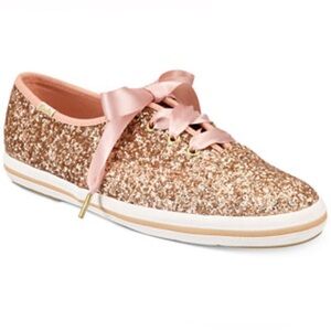 Kate Spade Rose Gold Champion Glitter Sneakers with Pink Ribbon